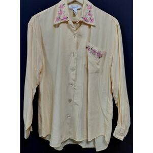 Cambridge Dry Goods Embroidered Rayon Shirt Beige Solid Long Sleeve Women Size 4